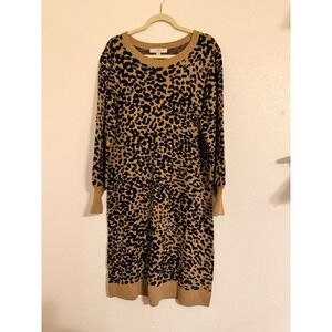 Loft Plus Womens 16/18 Leopard Print Sweater Dress Tan Black Knit Long Sleeve